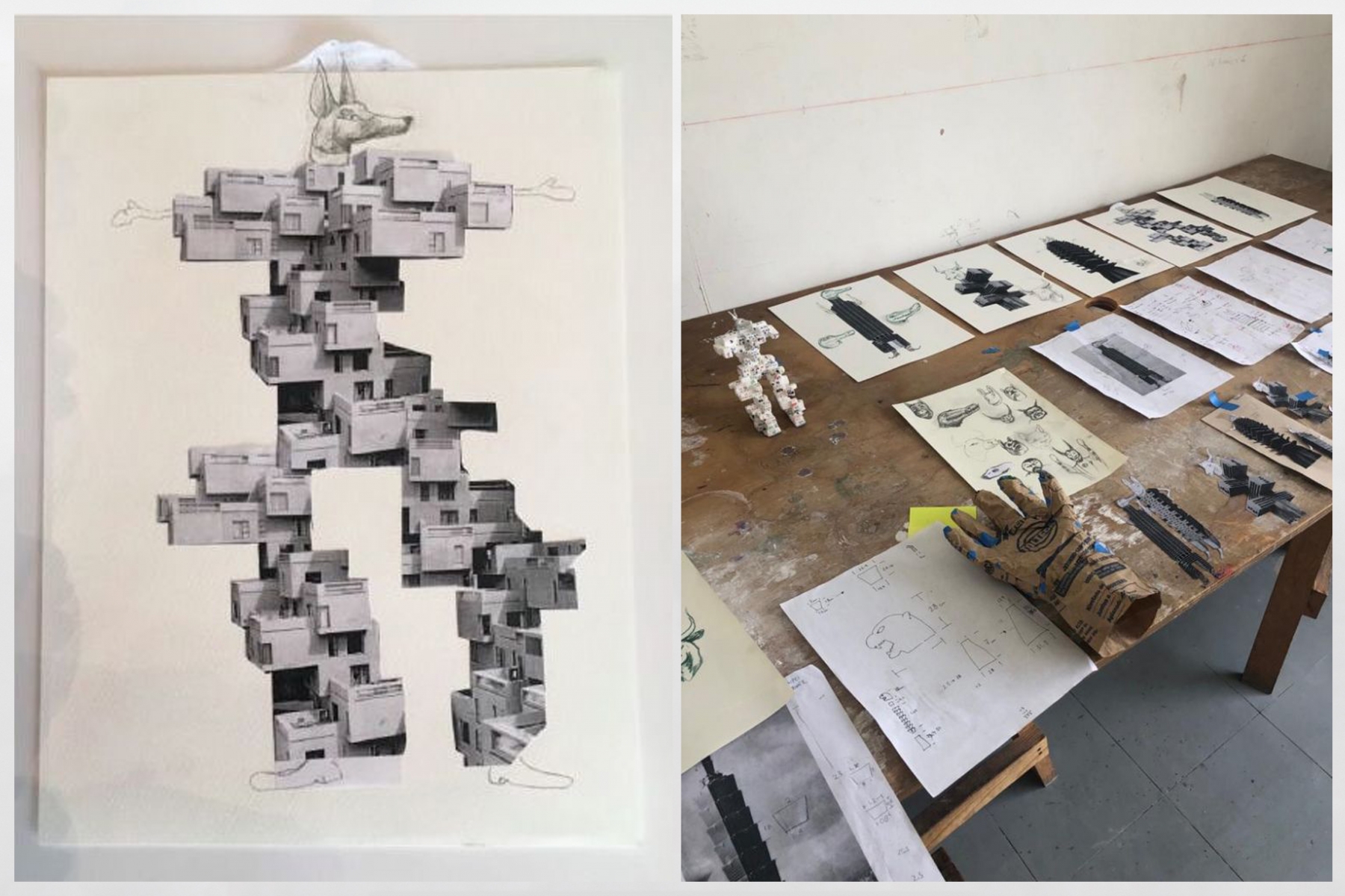 (left) Dami&aacute;n Ortega (1967), Zoobuilding project sketches 9, 2019, graphite on paper, 33 x 23.8 cm. (12.99 x 9.37 in.). (right)&nbsp;Dami&aacute;n&#39;s Mexico City studio.