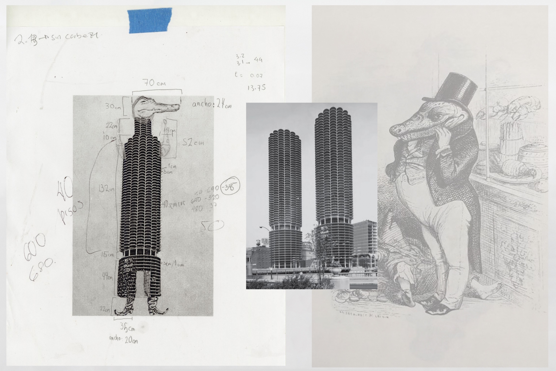 (left) Studio sketch. (center) Marina City towers, Chicago, Illinois, image courtesy of Phaidon. (right) Jean Isidore G&eacute;rard, detail of 19th century drawing. Image&nbsp;courtesy of&nbsp;Dami&aacute;n Ortega.